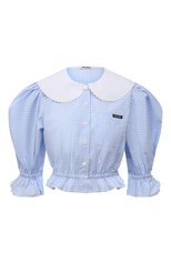 Женская хлопковая блузка MIU MIU голубого цвета, арт. MK1540-318-F0012 | Фото 1 (Принт: Клетка; Материал внешний: Хлопок; Длина (для топов): Укороченные; Рукава: 3/4; Стили: Романтичный; Женское Кросс-КТ: Блуза-одежда)