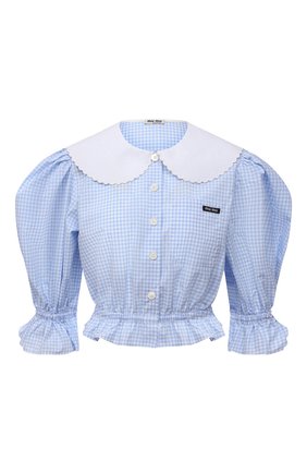 Женская хлопковая блузка MIU MIU голубого цвета, арт. MK1540-318-F0012 | Фото 1 (Рукава: 3/4; Длина (для топов): Укороченные; Материал внешний: Хлопок; Стили: Романтичный; Принт: Клетка; Женское Кросс-КТ: Блуза-одежда)