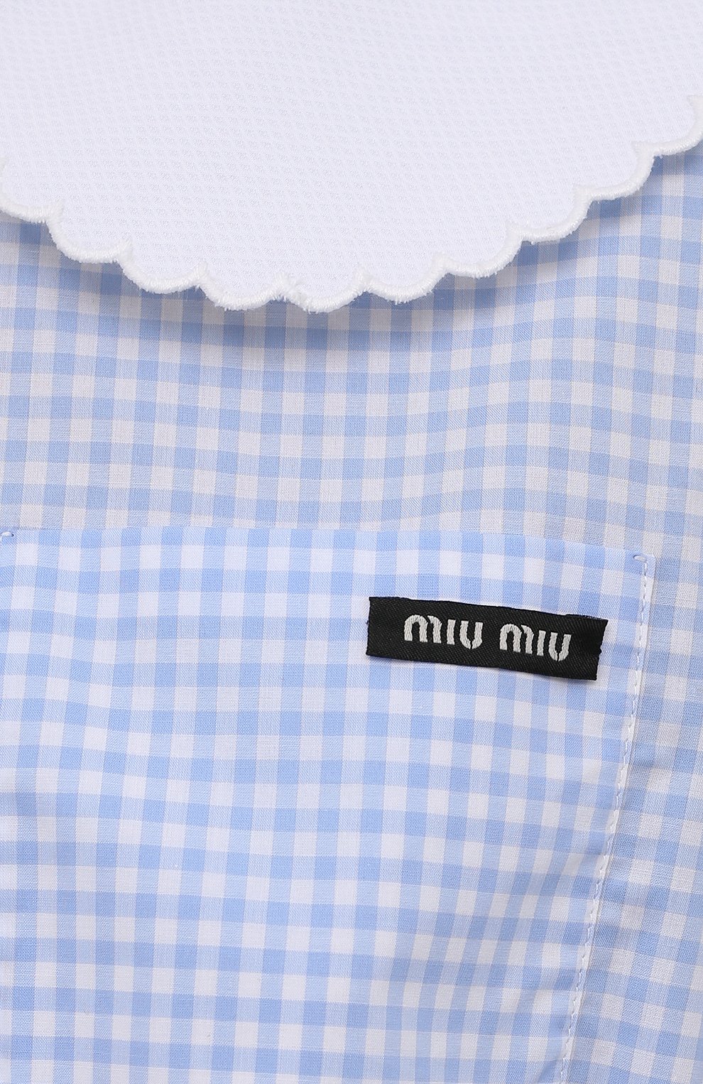 Женская хлопковая блузка MIU MIU голубого цвета, арт. MK1540-318-F0012 | Фото 5 (Принт: Клетка; Материал внешний: Хлопок; Длина (для топов): Укороченные; Рукава: 3/4; Стили: Романтичный; Женское Кросс-КТ: Блуза-одежда)