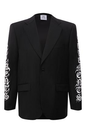 Мужской шерстяной пиджак VETEMENTS черного цвета по цене 190500 руб., арт. UA52JA750B 1202/M | Фото 1 Мужской шерстяной пиджак VETEMENTS черного цвета, арт. UA52JA750B 1202/M | Фото 1 (Материал внешний: Шерсть; Материал подклада: Вискоза; Рукава: Длинные; Длина (для топов): Стандартные; Случай: Повседневный; Пиджаки М: Свободный; 1-2-бортные: Однобортные)