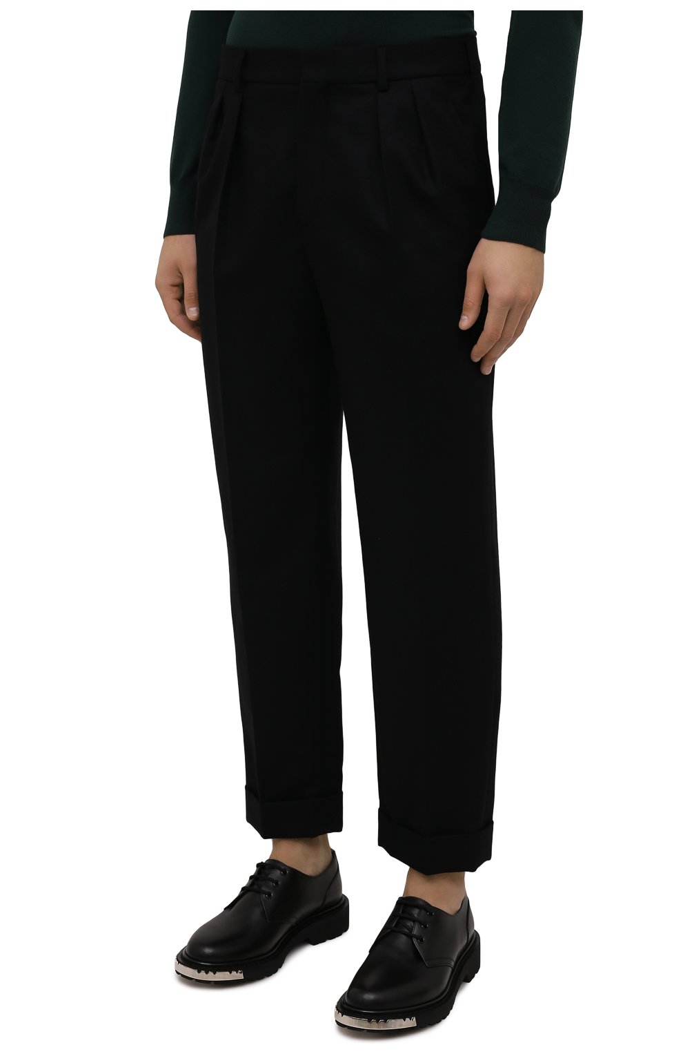 Мужские шерстяные брюки SAINT LAURENT черного цвета, арт. 653846/Y1D08 | Фото 3 (Материал внешний: Шерсть; Длина (брюки, джинсы): Стандартные; Случай: Повседневный; Стили: Минимализм; Материал подклада: Шелк)