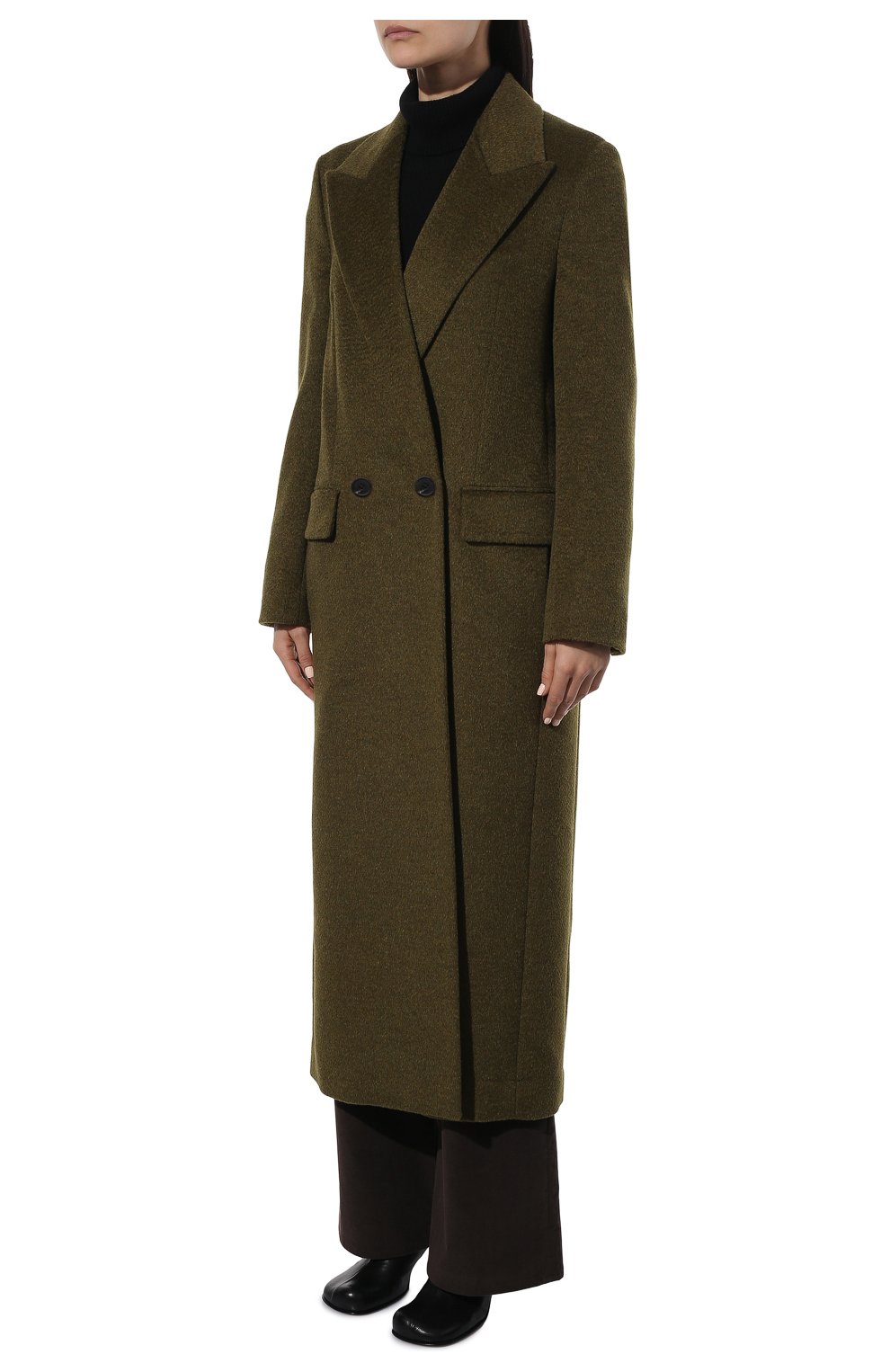 Женское шерстяное пальто THE ROW хаки цвета, арт. 5874W2100 | Фото 3 (Материал внешний: Шерсть; Рукава: Длинные; Длина (верхняя одежда): Длинные; 1-2-бортные: Двубортные; Материал подклада: Купро; Стили: Кэжуэл)