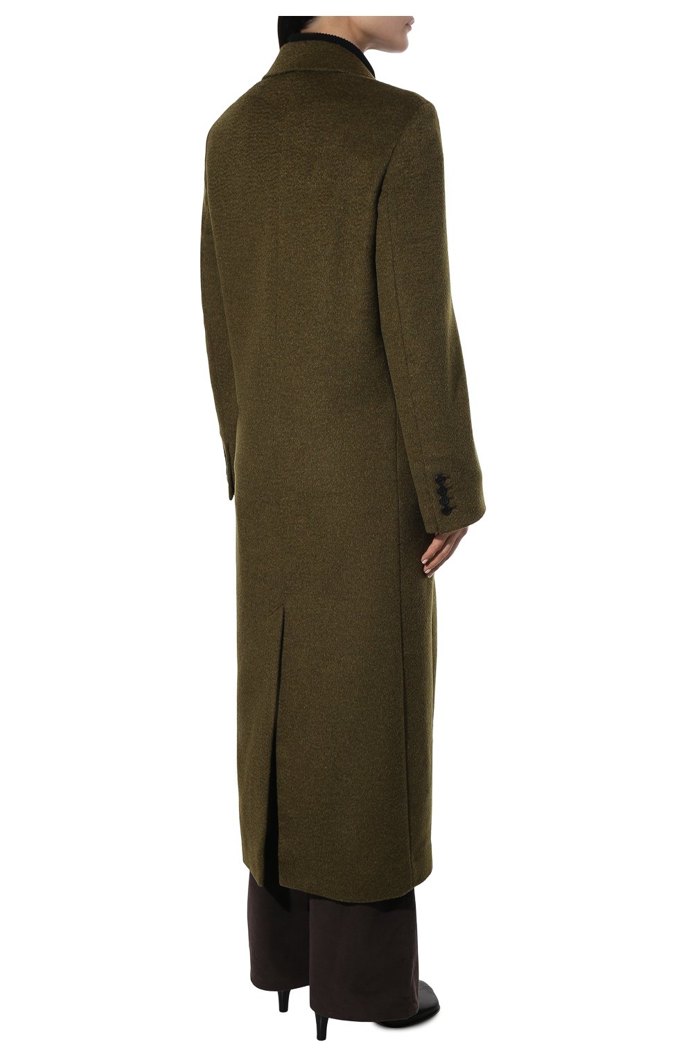 Женское шерстяное пальто THE ROW хаки цвета, арт. 5874W2100 | Фото 4 (Материал внешний: Шерсть; Рукава: Длинные; Длина (верхняя одежда): Длинные; 1-2-бортные: Двубортные; Материал подклада: Купро; Стили: Кэжуэл)