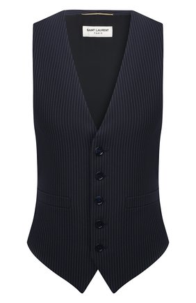 Женский шерстяной жилет SAINT LAURENT темно-синего цвета по цене 94950 руб., арт. 661352/Y3D43 | Фото 1 Женский шерстяной жилет SAINT LAURENT темно-синего цвета, арт. 661352/Y3D43 | Фото 1 (Материал подклада: Шелк; Материал внешний: Шерсть; Длина (верхняя одежда): Короткие; Стили: Кэжуэл)
