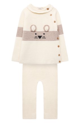 Детский комплект из пуловера и брюк BABY T белого цвета, арт. 21AI150C/18M-3A | Фото 1 (Материал внешний: Шерсть; Рукава: Длинные; Кросс-КТ НВ: Костюм)
