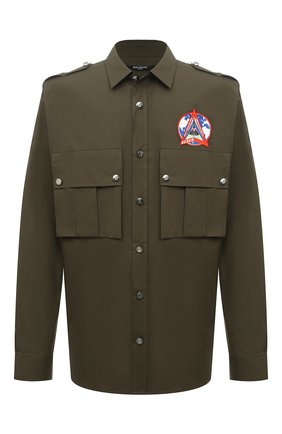Мужская хлопковая рубашка BALMAIN хаки цвета по цене 109000 руб., арт. WH0HU141/CA02 | Фото 1 Мужская хлопковая рубашка BALMAIN хаки цвета, арт. WH0HU141/CA02 | Фото 1 (Материал внешний: Хлопок; Длина (для топов): Стандартные; Рукава: Длинные; Случай: Повседневный; Манжеты: На пуговицах; Воротник: Кент; Принт: Однотонные; Стили: Гранж)