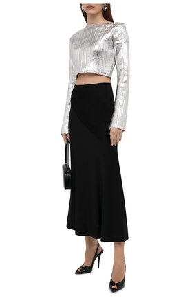 Женский пуловер BALMAIN серебряного цвета по цене 95800 руб., арт. WF0KA020/K334 | Фото 2 Женский пуловер BALMAIN серебряного цвета, арт. WF0KA020/K334 | Фото 2 (Материал внешний: Лиоцелл, Шерсть; Длина (для топов): Укороченные; Рукава: Длинные; Стили: Гламурный; Кросс-КТ: Трикотаж; Женское Кросс-КТ: Пуловер-одежда)