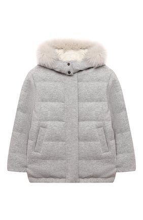 Детская пуховая куртка BRUNELLO CUCINELLI светло-серого цвета по цене 215500 руб., арт. B012TJ404B | Фото 1 Детская пуховая куртка BRUNELLO CUCINELLI светло-серого цвета, арт. B012TJ404B | Фото 1 (Материал подклада: Синтетический материал; Материал утеплителя: Пух и перо; Материал внешний: Кашемир, Шерсть; Рукава: Длинные; Девочки Кросс-КТ: Пуховик-верхняя одежда; Кросс-КТ: Сезон: зима)