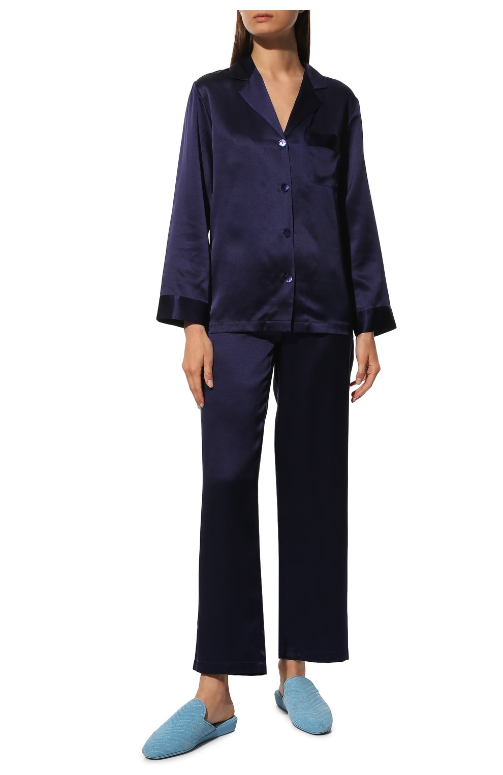 Женская шелковая пижама LUNA DI SETA синего цвета, арт. VLST08007 | Фото 2 (Материал внешний: Шелк; Рукава: Длинные; Длина Ж (юбки, платья, шорты): Мини; Длина (брюки, джинсы): Стандартные; Длина (для топов): Стандартные)