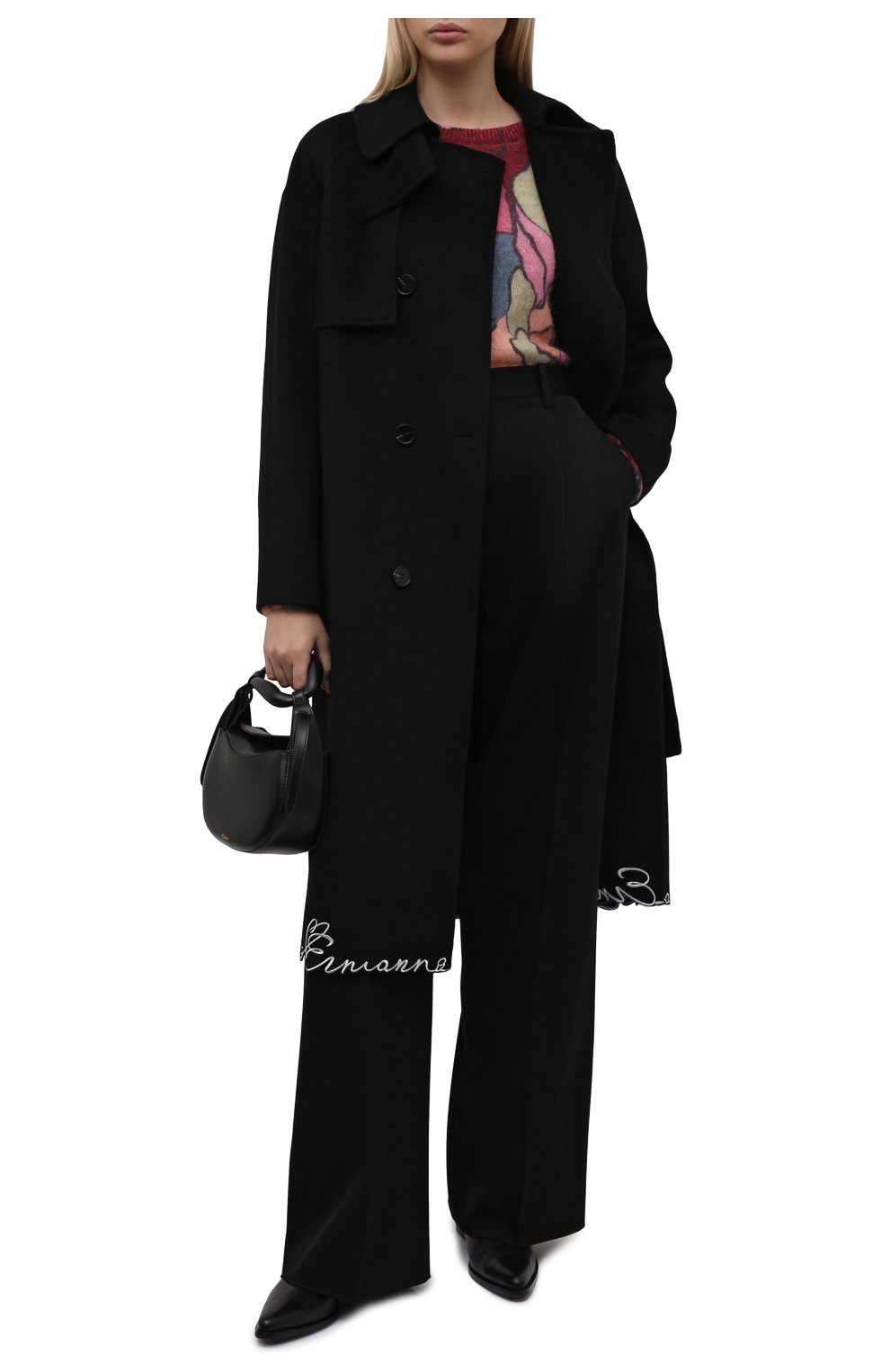 Женское шерстяное пальто ERMANNO FIRENZE черного цвета, арт. D39ET CP11VIN | Фото 2 (Материал внешний: Шерсть; Рукава: Длинные; Стили: Гламурный; Длина (верхняя одежда): До колена; 1-2-бортные: Двубортные)
