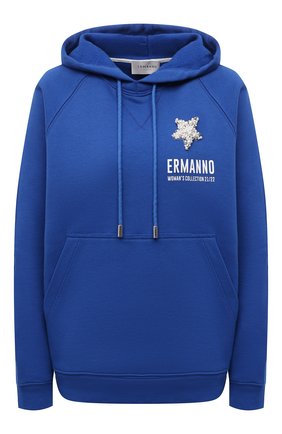 Женский хлопковое худи ERMANNO FIRENZE синего цвета по цене 26550 руб., арт. D39ET FL071FEL | Фото 1 Женский хлопковое худи ERMANNO FIRENZE синего цвета, арт. D39ET FL071FEL | Фото 1 (Рукава: Длинные; Материал внешний: Хлопок; Длина (для топов): Стандартные; Стили: Спорт-шик; Женское Кросс-КТ: Худи-одежда, Худи-спорт)