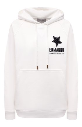 Женский хлопковое худи ERMANNO FIRENZE белого цвета по цене 26550 руб., арт. D39ET FL071FEL | Фото 1 Женский хлопковое худи ERMANNO FIRENZE белого цвета, арт. D39ET FL071FEL | Фото 1 (Материал внешний: Хлопок; Длина (для топов): Стандартные; Рукава: Длинные; Стили: Спорт-шик; Женское Кросс-КТ: Худи-одежда, Худи-спорт)