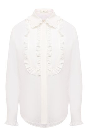 Женская блузка из хлопка и шелка SAINT LAURENT белого цвета, арт. 656972/Y3D31 | Фото 1 (Материал внешний: Хлопок; Рукава: Длинные; Длина (для топов): Стандартные; Стили: Романтичный; Принт: Без принта; Женское Кросс-КТ: Блуза-одежда)
