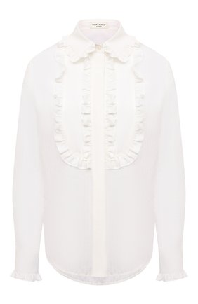 Женская блузка из хлопка и шелка SAINT LAURENT белого цвета по цене 75850 руб., арт. 656972/Y3D31 | Фото 1 Женская блузка из хлопка и шелка SAINT LAURENT белого цвета, арт. 656972/Y3D31 | Фото 1 (Материал внешний: Хлопок; Рукава: Длинные; Длина (для топов): Стандартные; Стили: Романтичный; Принт: Без принта; Женское Кросс-КТ: Блуза-одежда)