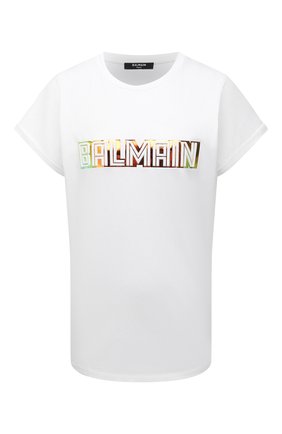 Женская хлопковая футболка BALMAIN белого цвета, арт. WF0EF010/B098 | Фото 1 (Материал внешний: Хлопок; Женское Кросс-КТ: Футболка-одежда; Длина (для топов): Стандартные; Рукава: Короткие; Принт: С принтом; Стили: Гламурный; Региональные ограничения белый список (Axapta Mercury): RU)