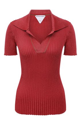 Женский пуловер BOTTEGA VENETA красного цвета, арт. 672044/V0Z30 | Фото 1 (Длина (для топов): Стандартные; Материал внешний: Металлизированное волокно, Синтетический материал; Рукава: Короткие; Женское Кросс-КТ: Пуловер-одежда; Стили: Кэжуэл)
