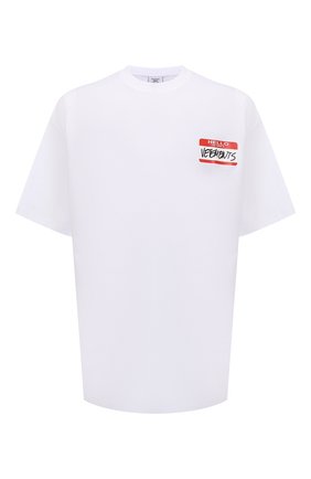 Мужская хлопковая футболка VETEMENTS белого цвета по цене 32900 руб., арт. UE52TR140W 1602/M | Фото 1 Мужская хлопковая футболка VETEMENTS белого цвета, арт. UE52TR140W 1602/M | Фото 1 (Рукава: Короткие; Длина (для топов): Удлиненные; Материал внешний: Хлопок; Принт: С принтом; Стили: Спорт-шик)