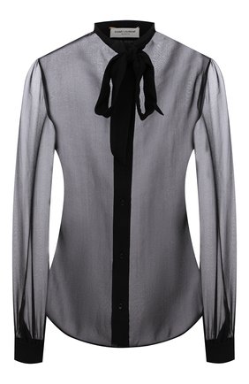 Женская шелковая блузка SAINT LAURENT черного цвета, арт. 660892/Y115W | Фото 1 (Длина (для топов): Стандартные; Рукава: Длинные; Материал внешний: Шелк; Стили: Гламурный; Принт: Без принта; Женское Кросс-КТ: Блуза-одежда)