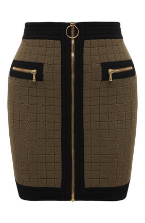 Женская юбка из вискозы BALMAIN хаки цвета, арт. WF0LB011/K330 | Фото 1 (Стили: Гламурный; Длина Ж (юбки, платья, шорты): Мини; Кросс-КТ: Трикотаж; Материал внешний: Вискоза)