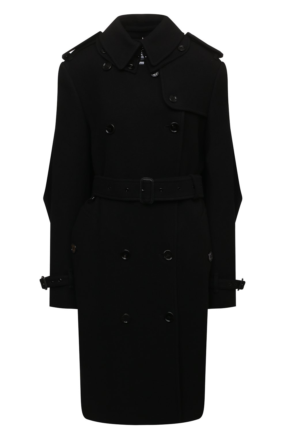 Женское пальто из кашемира и шерсти BURBERRY черного цвета, арт. 8046680 | Фото 1 (Материал внешний: Шерсть, Кашемир; Рукава: Длинные; Стили: Гламурный; Длина (верхняя одежда): До колена; 1-2-бортные: Двубортные; Материал подклада: Купро)