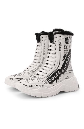 Детские кожаные ботинки DOLCE & GABBANA черно-белого цвета, арт. DA5025/AQ494/29-36 | Фото 1 (Материал утеплителя: Натуральный мех; Материал внешний: Кожа)