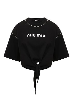 Женская хлопковая футболка MIU MIU черного цвета, арт. MJN332-1ZVD-F0002 | Фото 1 (Длина (для топов): Укороченные; Рукава: 3/4; Материал внешний: Хлопок; Женское Кросс-КТ: Футболка-одежда; Принт: С принтом; Стили: Гранж)