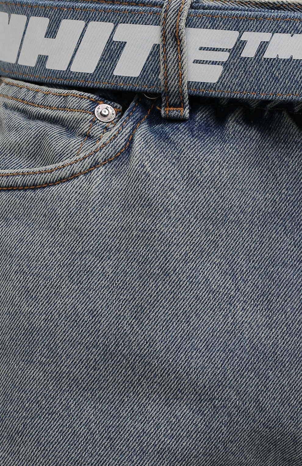 Мужские джинсы OFF-WHITE голубого цвета, арт. 0MYA005F21DEN002 | Фото 5 (Силуэт М (брюки): Прямые; Кросс-КТ: Деним; Длина (брюки, джинсы): Стандартные; Стили: Гранж; Материал внешний: Хлопок, Деним; Детали: Потертости)