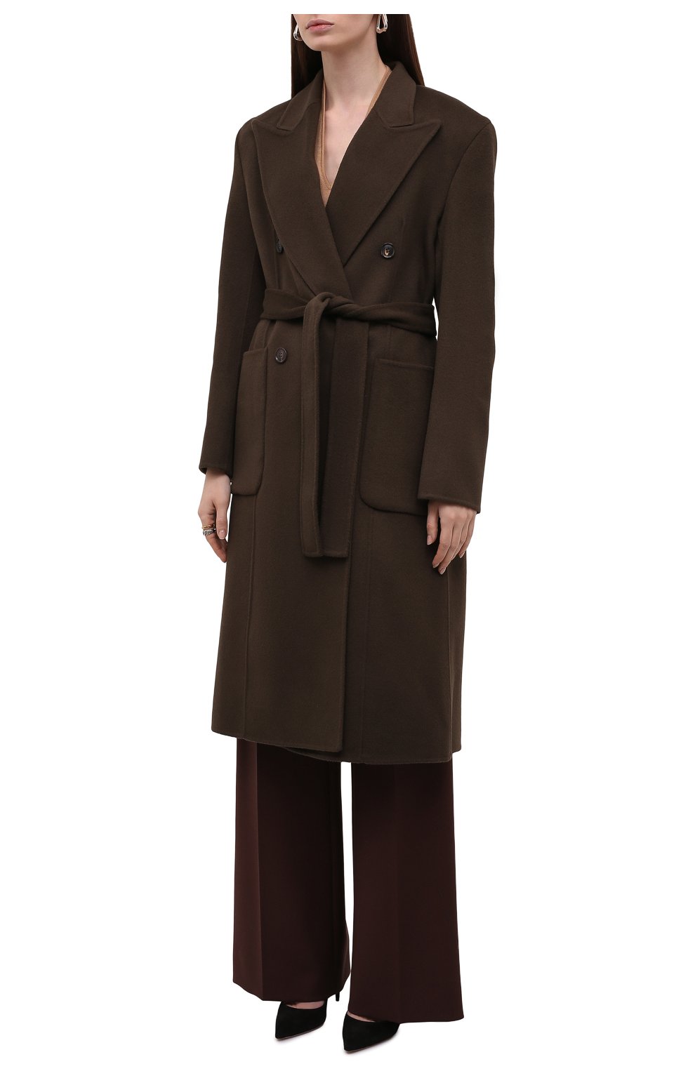 Женское пальто из шерсти и кашемира LOW CLASSIC темно-коричневого цвета, арт. L0W21FW_CT10DB | Фото 3 (Материал внешний: Шерсть; Рукава: Длинные; Длина (верхняя одежда): Длинные; 1-2-бортные: Двубортные; Стили: Кэжуэл)