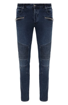 Мужские джинсы BALMAIN синего цвета, арт. WH0MG045/163D | Фото 1 (Силуэт М (брюки): Узкие; Кросс-КТ: Деним; Длина (брюки, джинсы): Стандартные; Стили: Гранж; Материал внешний: Хлопок; Детали: Потертости)