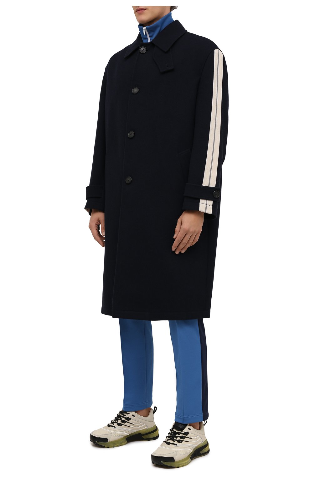 Мужской пальто PALM ANGELS темно-синего цвета, арт. PMEA180F21FAB0011045 | Фото 3 (Материал внешний: Шерсть; Рукава: Длинные; Случай: Повседневный; Длина (верхняя одежда): До колена; Стили: Спорт-шик; Материал подклада: Вискоза; Мужское Кросс-КТ: пальто-верхняя одежда)
