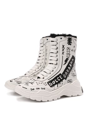 Детские кожаные ботинки DOLCE & GABBANA черно-белого цвета, арт. DA5025/AQ494/24-28 | Фото 1 (Материал утеплителя: Натуральный мех; Материал внешний: Кожа)
