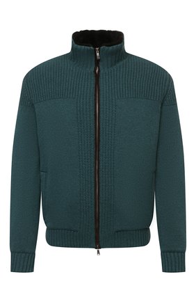 Мужской кашемировый бомбер с меховой подкладкой FIORONI темно-зеленого цвета, арт. MTP23016E1 | Фото 1 (Материал внешний: Кашемир, Шерсть; Рукава: Длинные; Длина (верхняя одежда): Короткие; Кросс-КТ: Куртка; Мужское Кросс-КТ: шерсть и кашемир, утепленные куртки; Стили: Кэжуэл; Принт: Без принта)