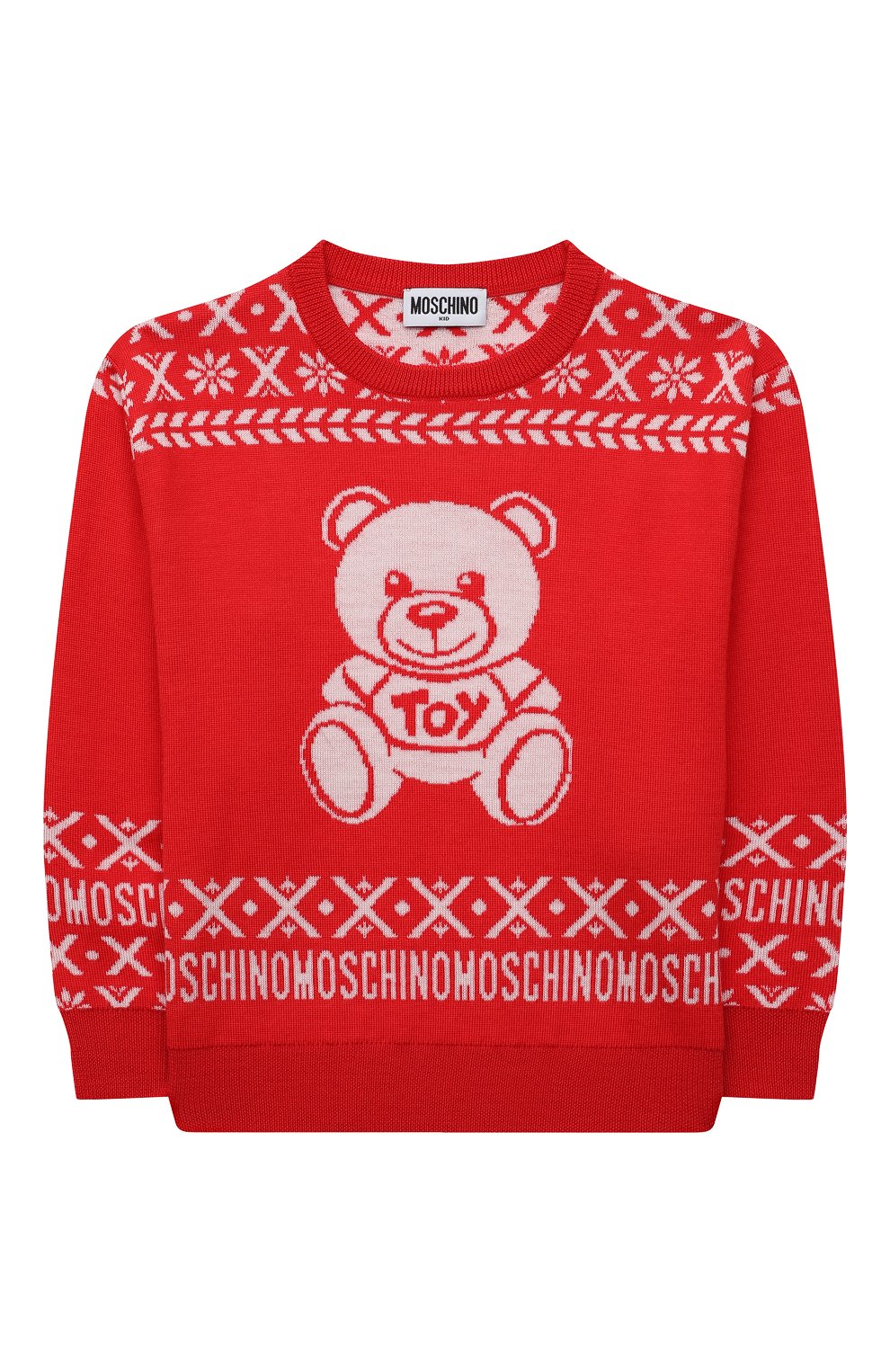 Мужского шерстяной пуловер MOSCHINO красного цвета, арт. HUW00P/LHE16/4A-8A | Фото 1 (Девочки Кросс-КТ: Пуловер-одежда; Ростовка одежда: 4 года | 104 см, 5 лет | 110 см, 6 лет | 116 см, 8 лет | 128 см)