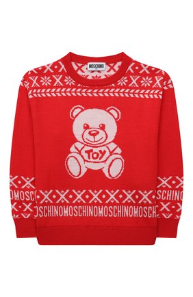 Детский шерстяной пуловер MOSCHINO красного цвета по цене 24950 руб., арт. HUW00P/LHE16/4A-8A | Фото 1 Детский шерстяной пуловер MOSCHINO красного цвета, арт. HUW00P/LHE16/4A-8A | Фото 1 (Материал внешний: Шерсть; Рукава: Длинные; Девочки Кросс-КТ: Пуловер-одежда; Ростовка одежда: 4 года | 104 см, 5 лет | 110 см, 6 лет | 116 см, 8 лет | 128 см)