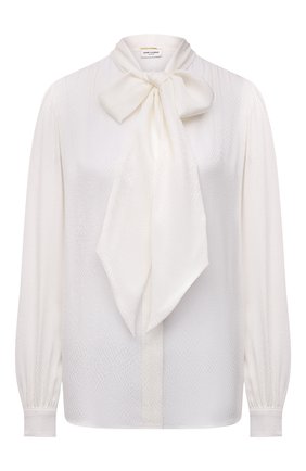 Женская шелковая блузка SAINT LAURENT молочного цвета, арт. 669023/Y6D34 | Фото 1 (Рукава: Длинные; Материал внешний: Шелк; Длина (для топов): Стандартные; Женское Кросс-КТ: Блуза-одежда; Принт: Без принта; Стили: Романтичный, Классический)