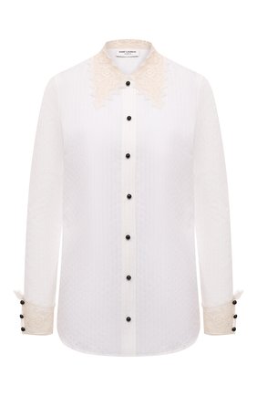 Женская рубашка из хлопка и шелка SAINT LAURENT белого цвета по цене 104500 руб., арт. 661141/Y3D31 | Фото 1 Женская рубашка из хлопка и шелка SAINT LAURENT белого цвета, арт. 661141/Y3D31 | Фото 1 (Длина (для топов): Стандартные; Материал внешний: Хлопок; Рукава: Длинные; Женское Кросс-КТ: Рубашка-одежда; Принт: Без принта; Стили: Кэжуэл)