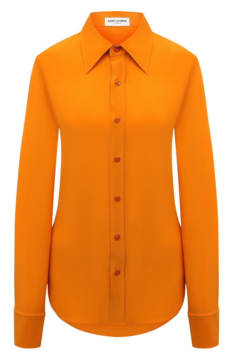 Женская шелковая рубашка SAINT LAURENT оранжевого цвета, арт. 679108/Y100W | Фото 1 (Материал внешний: Шелк; Рукава: Длинные; Стили: Гламурный; Женское Кросс-КТ: Рубашка-одежда; Длина (для топов): Стандартные)