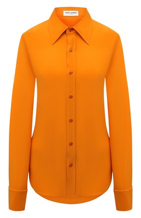Женская шелковая рубашка SAINT LAURENT оранжевого цвета, арт. 679108/Y100W | Фото 1 (Материал внешний: Шелк; Длина (для топов): Стандартные; Рукава: Длинные; Стили: Гламурный; Женское Кросс-КТ: Рубашка-одежда)