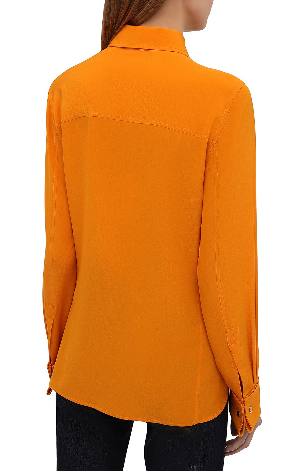 Женская шелковая рубашка SAINT LAURENT оранжевого цвета, арт. 679108/Y100W | Фото 4 (Материал внешний: Шелк; Рукава: Длинные; Стили: Гламурный; Женское Кросс-КТ: Рубашка-одежда; Длина (для топов): Стандартные)