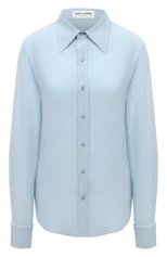 Женская шелковая рубашка SAINT LAURENT голубого цвета, арт. 679108/Y100W | Фото 1 (Материал внешний: Шелк; Рукава: Длинные; Стили: Гламурный, Классический; Женское Кросс-КТ: Рубашка-одежда; Длина (для топов): Стандартные)