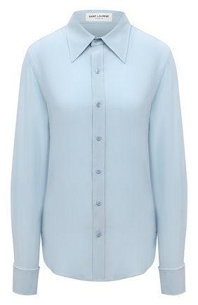 Женская шелковая рубашка SAINT LAURENT голубого цвета, арт. 679108/Y100W | Фото 1 (Материал внешний: Шелк; Длина (для топов): Стандартные; Рукава: Длинные; Стили: Гламурный, Классический; Женское Кросс-КТ: Рубашка-одежда)