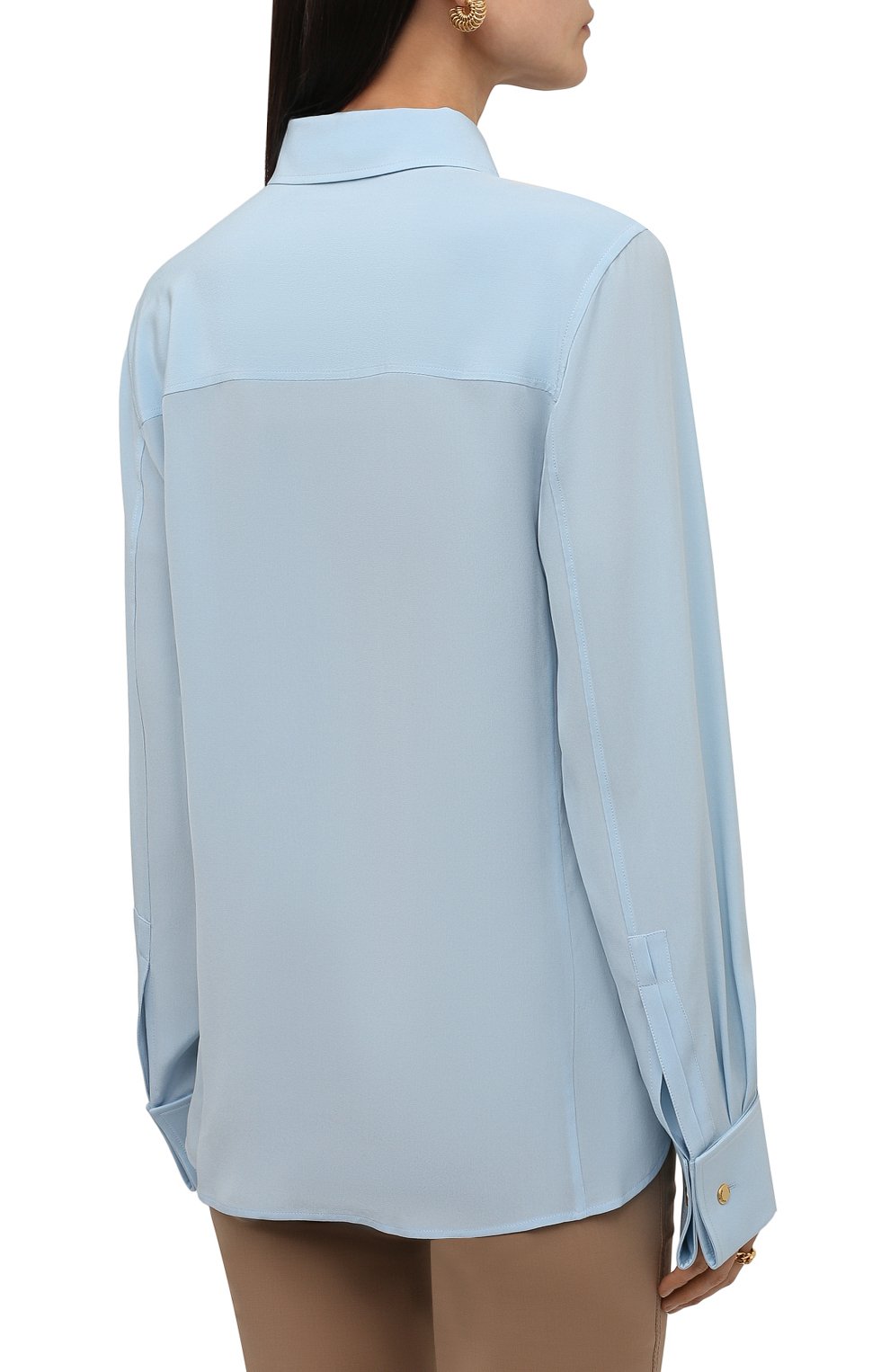 Женская шелковая рубашка SAINT LAURENT голубого цвета, арт. 679108/Y100W | Фото 4 (Материал внешний: Шелк; Рукава: Длинные; Стили: Гламурный, Классический; Женское Кросс-КТ: Рубашка-одежда; Длина (для топов): Стандартные)