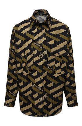Мужская хлопковая рубашка VERSACE хаки цвета по цене 109000 руб., арт. 1002203/1A01679 | Фото 1 Мужская хлопковая рубашка VERSACE хаки цвета, арт. 1002203/1A01679 | Фото 1 (Рукава: Длинные; Длина (для топов): Стандартные; Материал внешний: Хлопок; Случай: Повседневный; Принт: С принтом; Рубашки М: Classic Fit; Стили: Милитари; Воротник: Кент; Манжеты: На пуговицах)