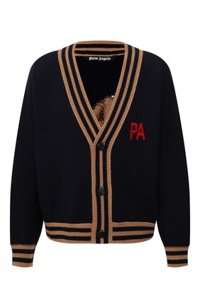 Мужской шерстяной кардиган PALM ANGELS темно-синего цвета по цене 94200 руб., арт. PMHB006F21KNI0011060 | Фото 1 Мужской шерстяной кардиган PALM ANGELS темно-синего цвета, арт. PMHB006F21KNI0011060 | Фото 1 (Материал внешний: Шерсть; Рукава: Длинные; Длина (для топов): Стандартные; Мужское Кросс-КТ: Кардиган-одежда; Стили: Гранж)