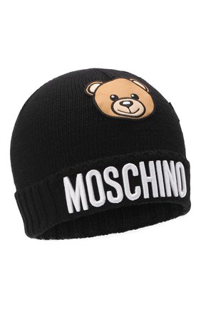 Детского шерстяная шапка MOSCHINO черного цвета по цене 7430 руб., арт. HDX011/LHE18 | Фото 1 Детского шерстяная шапка MOSCHINO черного цвета, арт. HDX011/LHE18 | Фото 1 (Материал: Синтетический материал, Текстиль, Шерсть)