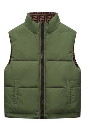 Детский пуховый жилет FENDI зеленого цвета по цене 57050 руб., арт. JUA110/AAC1/8A-12+ | Фото 1 Детский пуховый жилет FENDI зеленого цвета, арт. JUA110/AAC1/8A-12+ | Фото 1 (Рукава: Короткие; Материал внешний: Синтетический материал; Материал утеплителя: Пух и перо; Материал подклада: Синтетический материал; Мальчики Кросс-КТ: Верхняя одежда; Кросс-КТ: Сезон: зима)