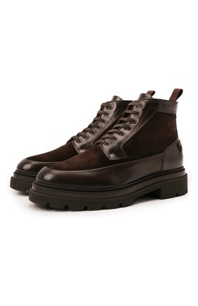 Мужские комбинированные ботинки SANTONI темно-коричневого цвета, арт. MGMG17927JK4ASDXT50 | Фото 1 (Каблук высота: Высокий; Материал внутренний: Натуральная кожа; Подошва: Массивная; Материал утеплителя: Натуральный мех; Мужское Кросс-КТ: зимние ботинки, Ботинки-обувь; Материал внешний: Кожа; Длина стельки: 27,6, 28, 28,9, 24,2, 24,7, 25,5, 25,9, 26,4, 26,8, 27,2, 25,1)