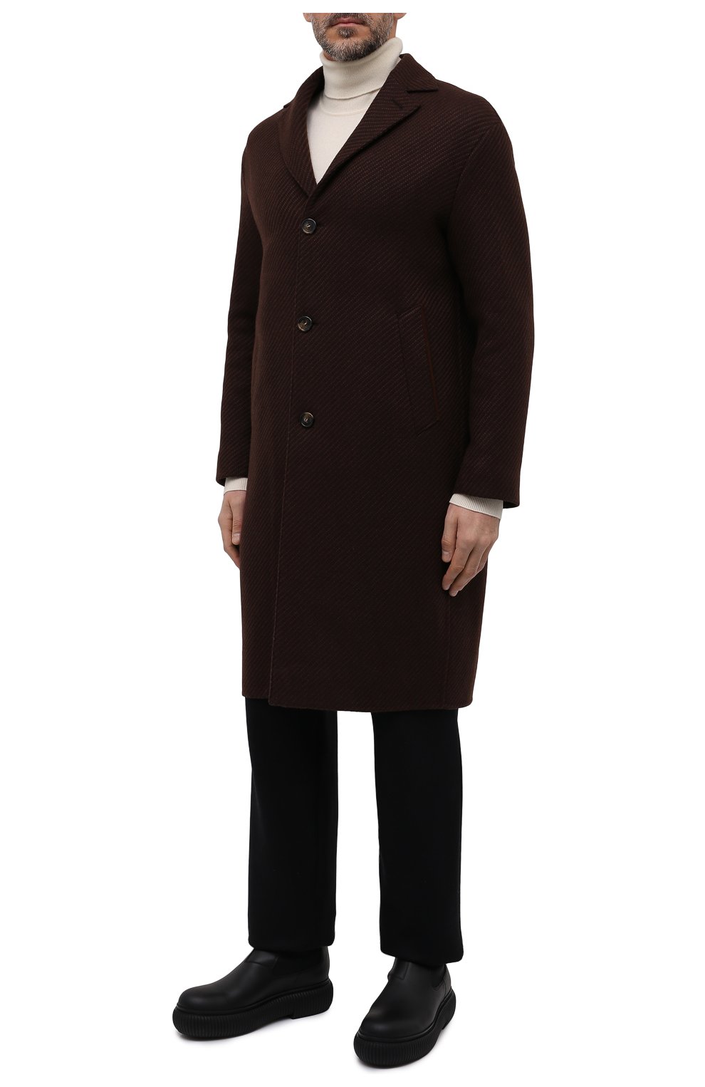 Мужской кашемировое пальто LORO PIANA коричневого цвета, арт. FAL6993 | Фото 3 (Застежка: Пуговицы; Материал внешний: Шерсть, Кашемир; Рукава: Длинные; Длина (верхняя одежда): До колена; Стили: Классический; Мужское Кросс-КТ: пальто-верхняя одежда)