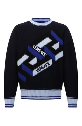 Мужской шерстяной свитер VERSACE синего цвета по цене 85750 руб., арт. 1002036/1A01602 | Фото 1 Мужской шерстяной свитер VERSACE синего цвета, арт. 1002036/1A01602 | Фото 1 (Длина (для топов): Стандартные; Рукава: Длинные; Материал внешний: Шерсть; Мужское Кросс-КТ: Свитер-одежда; Принт: С принтом; Стили: Кэжуэл)