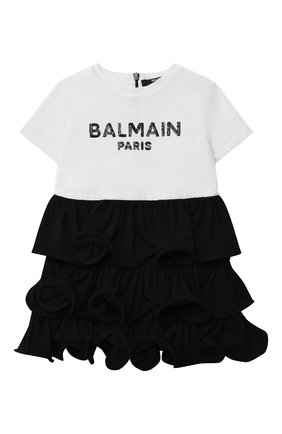 Женский хлопковое платье BALMAIN черно-белого цвета, арт. 6P1861 | Фото 1 (Рукава: Короткие; Материал внешний: Хлопок)